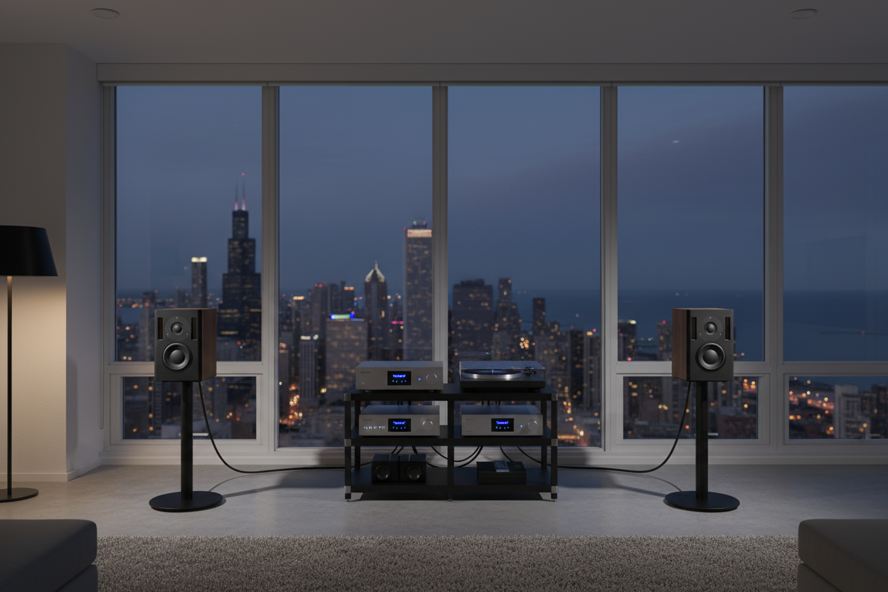Bravo Acoustics full system in a luxury high-rise listening room overlooking Chicago at night